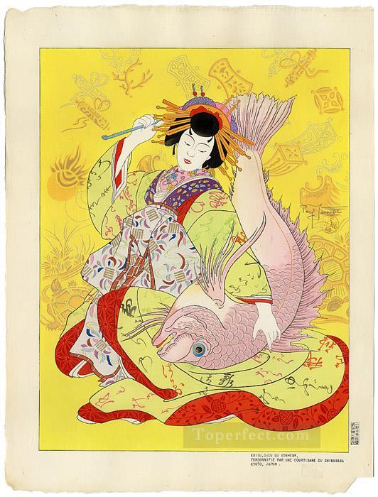 ebisu dieu du bonheur personnifie par une courtisane du shimabara kyoto japon 1952 Paul Jacoulet Japanese Oil Paintings